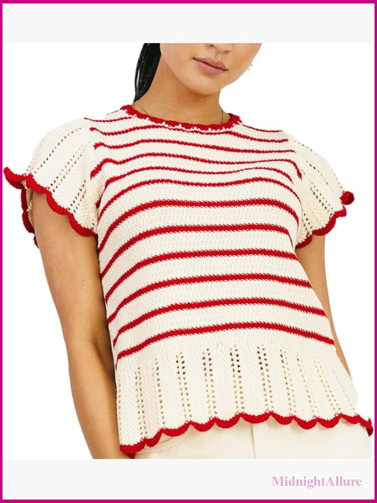 Striped Crochet Knit Sweater Vest Cap Sleeve Ruffle Edges Summer
